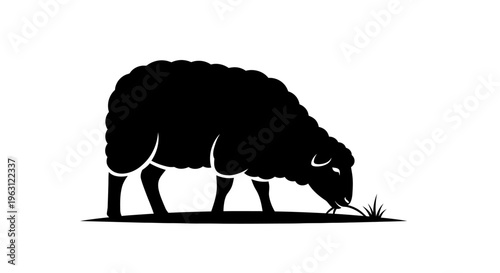Black sheep grazing on grass, simple silhouette illustration.