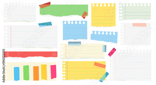 Collection of colorful sticky notes paper scraps and tape for reminders
