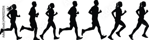 Running people silhouettes collection showing male and female joggers in motion, fitness training activity isolated on white background