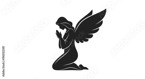 Silhouette of a kneeling angel praying with wings spread.
