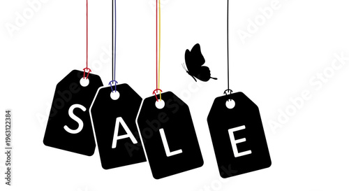 Black sale tags with white letters spelling SALE hanging from colorful strings with a small butterfly.