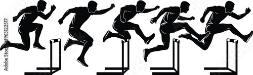 Sequence of athlete jumping over hurdles, sprint and hurdle technique, track and field training motion, dynamic sports action vector illustration