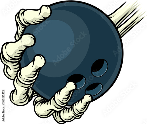 A grim reaper or death skeleton sports team or Halloween event mascot hand holding a bowling ball