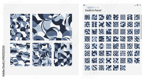 Abstract geometric patterns and swatches in various shades of blue and grey