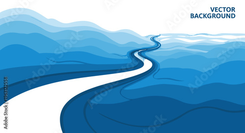 Abstract flowing blue wavy landscape with white path leading to horizon graphic