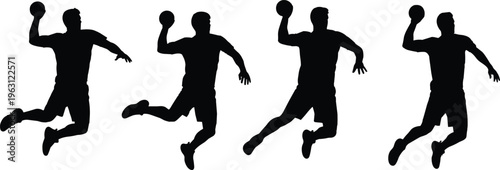 Sequence of handball player silhouettes jumping and throwing ball, athlete action poses, dynamic sport movement, fitness training vector illustration set