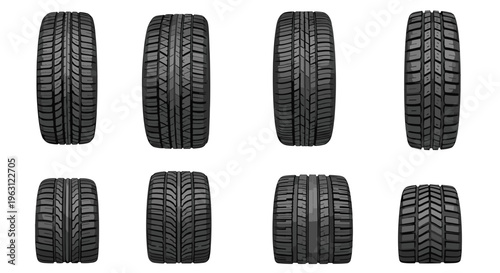 Collection of eight different car tire treads viewed from front and back on white