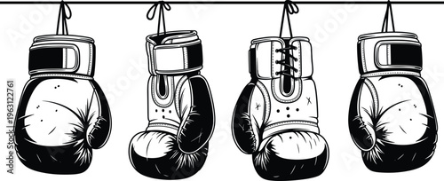 Set of hanging boxing gloves illustration isolated on white background representing combat sport, training, fight and gym equipment concept