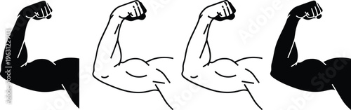 Set of muscular arm flexing silhouettes and outline illustrations isolated on white background representing strength, fitness, bodybuilding and power concept