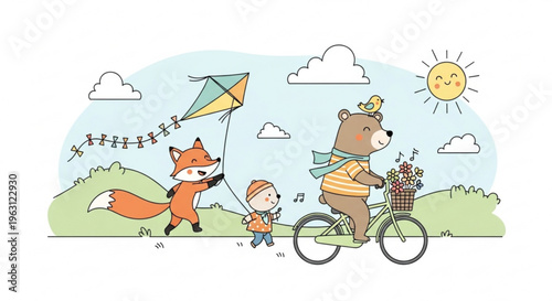 Whimsical illustration of a bear riding a bicycle with a child and a fox flying a kite on a sunny day in a green landscape