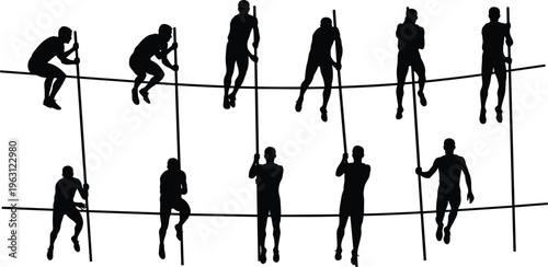 Set of pole vault athlete silhouettes showing jumping and bar clearance motion sequence, track and field sports action isolated on white background