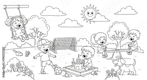 Children playing in a park with swings soccer and sandbox on a sunny day with clouds