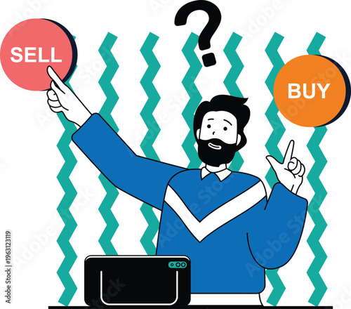Confused investor deciding whether to buy or sell stocks while using a computer for trading analysis