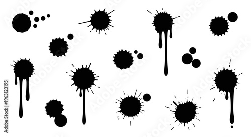 Collection of black ink splatters and drips abstract artistic elements on white