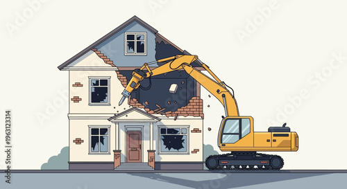 Yellow Excavator Demolishing a Residential House with Hydraulic Breaker Illustration for Construction and Real Estate