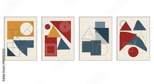 Set of four abstract geometric mid century modern art prints with mustard yellow