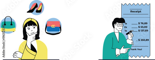 Customer receives receipt after purchasing three different fashion items in a cheerful shopping scenario