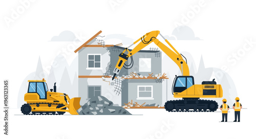 Yellow Excavator with Hydraulic Breaker and Bulldozer Demolishing a House, Construction Workers at Site, Vector Illustration of Building Destruction and Urban Renewal