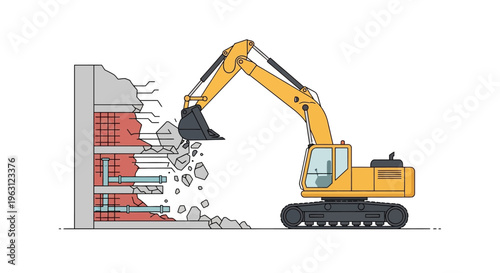 Yellow Excavator Demolishing Concrete Wall Illustration - Industrial Construction Machinery Breaking Down Building Structure on White Background