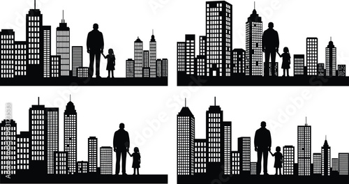 City skyline silhouettes with father and child figures, urban family concept illustration featuring modern buildings, architecture, and people isolated on white background