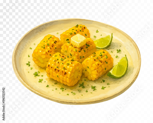 Sunny watercolor corn on the cob with melting butter, lime wedges and herb sprinkles, vibrant summer side dish clipart for barbecue menus, picnic graphics and seasonal recipes. Vector illustration