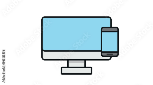 Desktop computer and smartphone vector icon set in soft pastel colors, isolated on white. Responsive design and multi-device connectivity concept.