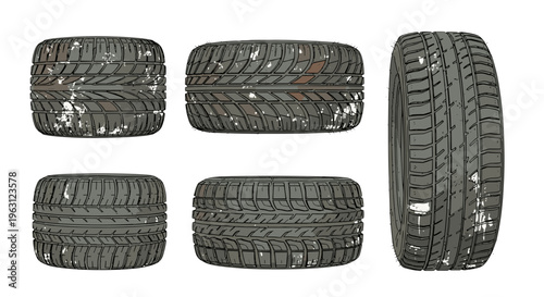 Collection of five used car tires with worn tread and visible debris isolated