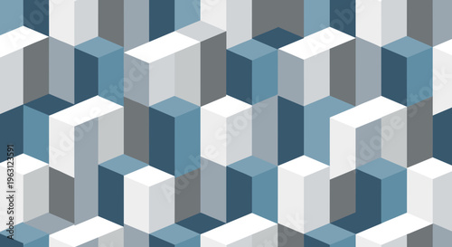 Geometric pattern of stacked isometric cubes in shades of blue grey and white