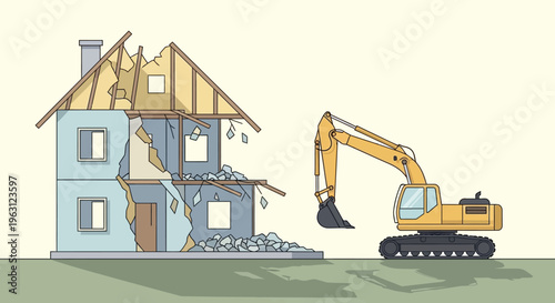 House Demolition Illustration with Yellow Excavator Clearing Site for Urban Redevelopment and New Construction Projects