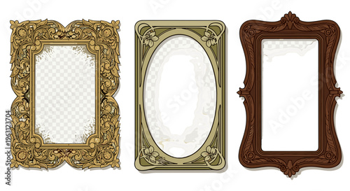 Collection of ornate vintage picture frames in gold silver and wood finishes