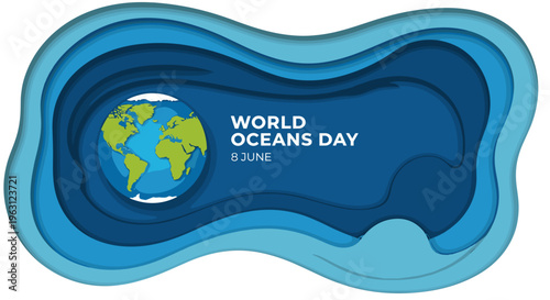 World oceans day celebration graphic with earth globe and layered blue waves