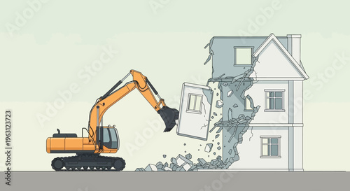 Orange Excavator Demolishing a Residential House Illustration for Real Estate and Urban Renewal