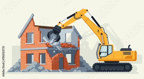 Flat Vector Illustration of a Yellow Excavator Demolishing an Old Brick House for Site Clearance and Property Redevelopment