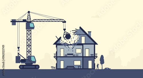 House Demolition Illustration with Wrecking Ball and Construction Crane - Minimalist Vector Art for Real Estate Redevelopment