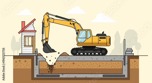 Crawler Excavator Digging House Foundation Cross Section Illustration, Heavy Machinery Construction Site and Earthmoving Vector Concept