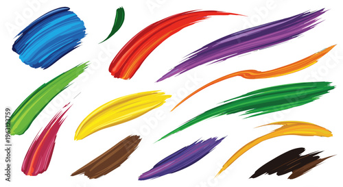 Vibrant colorful paint brush strokes collection isolated on white background