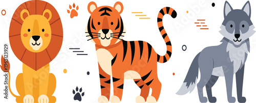 Cute Wild Animal Cartoon Set Featuring Lion Tiger and Wolf Characters in Flat Style for Wildlife Nature Design and Kids Illustration Projects.
