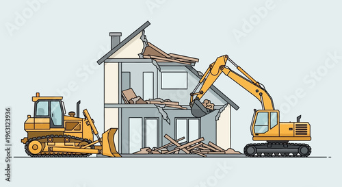 House Demolition Illustration with Excavator and Bulldozer Heavy Machinery - Flat Vector Concept