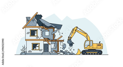 Vector Illustration of a Yellow Excavator Demolishing an Old Residential House for Construction and Renovation Projects