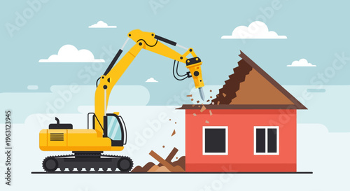 Yellow Excavator Demolishing a House Flat Vector Illustration for Construction and Urban Renewal Concepts