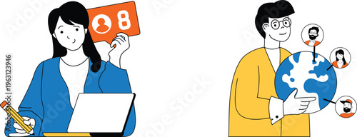 Two people symbolizing online learning and global networking through digital connections and education icons