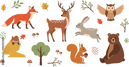 Forest Animal Collection in Flat Cartoon Style Featuring Fox Deer Bear Rabbit Owl and Squirrel with Autumn Elements for Nature Design and Kids Illustration Projects.