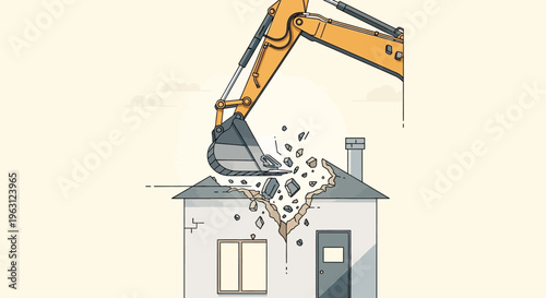 Heavy Excavator Demolishing a Residential House, Minimalist Flat Illustration of Building Destruction and Urban Renewal Concept