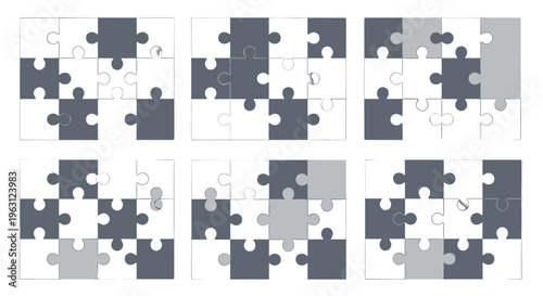 Arrangement of diverse puzzle pieces in a grid symbolizing teamwork problem