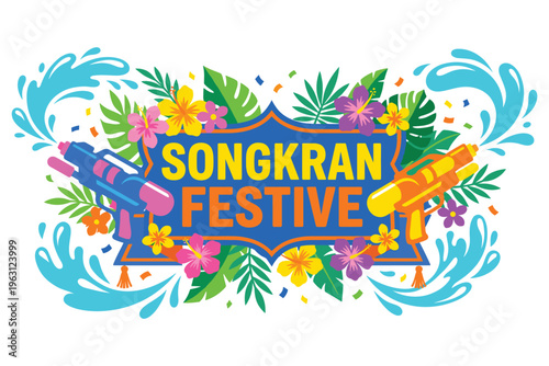 Songkran festival banner with water guns tropical flowers and leaves for thai new year fun.