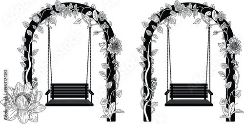 Floral garden swing arch silhouette set isolated on light background, decorative outdoor hanging bench with blooming flowers and vines for landscape design