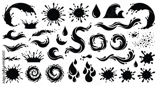 Water splashes and drops set, liquid wavy elements, ink blot stains