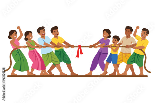 Traditional tug of war game with southeast asian people wearing colorful ethnic costumes.