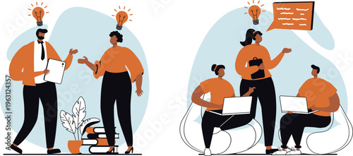 Creative professionals brainstorming ideas and collaborating using modern technology and traditional methods together