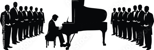 Grand piano performance with male choir silhouette ensemble, classical music concert and choral singing concept isolated on light background